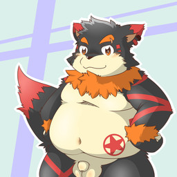 anthro balls belly black_body black_fur black_nose brown_body brown_fur chibi flaccid fur genitals kemono male moobs navel overweight overweight_male penis red_body red_fur simple_background solo levan_zan canid canine canis domestic_dog mammal 1:1 2021 hi_res