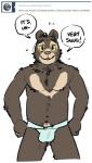 anthro blush bulge clothing dialogue jockstrap male solo text underwear artdecade tumblr willy_(artdecade) bear mammal sloth_bear ursine comic english_text