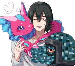 angry anthro armor black_hair blue_body blue_eyes blush cheek_to_cheek female fighting_over_boy group hair headgear heart_symbol helmet male one_eye_closed pink_body ponytail smile trio wink yellow_eyes st14_kr010 bandai_namco digimon digimon_beatbreak haruomi_sone commandramon digimon_(species) elizamon human mammal
