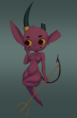 black_eyes breasts broken_horn eyelashes featureless_breasts female front_view green_background green_horn holding_melee_weapon holding_object holding_polearm holding_trident holding_weapon horn humanoid_pointy_ears melee_weapon navel notched_ear pointy_ears polearm red_body simple_background small_breasts smile solo thick_thighs trident weapon wide_hips yellow_sclera bluesparrow horned_humanoid humanoid imp hi_res