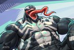 abs big_muscles black_body bodily_fluids emblem empty_eyes long_tongue male muscular muscular_humanoid muscular_male not_furry open_mouth pecs saliva sharp_teeth solo teeth text tongue tongue_out amon-sydonai marvel marvel_rivals venom_(marvel) alien alien_humanoid humanoid symbiote alternate_version_at_paywall hi_res url