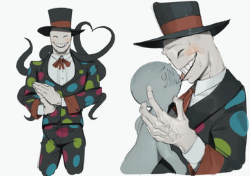 ambiguous_gender bite biting_lip blush bodily_fluids bottomwear bow_tie clothed clothing collared_shirt dress_shirt duo eyes_closed fully_clothed male nails pants polka_dots sharp_nails shirt suit sweat tentacles toothy_smile topwear vein white_body white_skin kogito creepypasta neil_cicierega_(copyright) anon splendorman human humanoid mammal tentacle_creature absurd_res hi_res