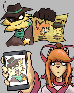 accessory ack anthro bodily_fluids claws clothing cowboy cowboy_hat crying duo electronics female finger_claws hair hair_accessory hair_tie hat headgear headwear male orange_hair phone ponytail smug tears what yellow_body yigar soyjak undertale_(series) undertale_yellow virgin_vs._chad ceroba_ketsukane starlo_(undertale_yellow) canid canine fox humanoid mammal hi_res meme