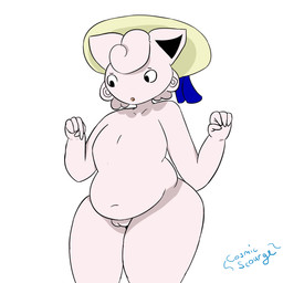anthro concern female genitals humor joke looking_down simple_background slightly_chubby solo thick_thighs vulva wide_hips cosmicscourge nintendo pokemon tiddypuff generation_1_pokemon jigglypuff pokemon_(species) 1:1 2018 absurd_res hi_res
