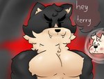 anthro big_breasts breasts duo fangs male male/male muscular muscular_male semi_nude teeth text ugly-rat15508 jess_(ugly-rat15508) terrence_(ugly-rat15508) canid canine canis domestic_dog mammal 4:3 hi_res