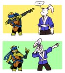 anthro dabbing duo ellipsis fur gesture green_body green_skin hand_gesture markings red_body red_skin smile thumbs_up white_body white_fur lesbianleonardo rise_of_the_teenage_mutant_ninja_turtles teenage_mutant_ninja_turtles usagi_yojimbo leonardo_(tmnt) miyamoto_usagi lagomorph leporid mammal pond_slider rabbit red-eared_terrapin reptile scalie terrapin turtle meme