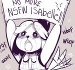 angry anthro barking black_nose blush bow_(feature) bow_tie clothing featureless_hands female hair sign solo tail tail_motion tailwag text sho-n-d animal_crossing nintendo isabelle_(animal_crossing) canid canine canis domestic_dog mammal shih_tzu toy_dog 2015 english_text monochrome