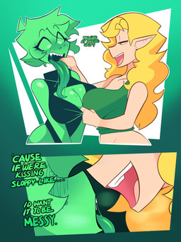 assisted_exposure big_breasts blonde_hair blush breasts cleavage clothed clothing clothing_pull dialogue duo eyelashes female female/female finger_in_mouth freckled_breasts freckled_face freckles green_body hair imminent_kiss long_eyelashes long_tongue nose_to_nose pulling_shirt_down sharp_teeth shirt shirt_pull teeth text tongue tongue_out topwear topwear_pull averysweatyboy inka_(welwraith) irena_(averysweatyboy) elf ghost humanoid spirit 2024 comic english_text hi_res