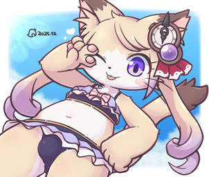 anthro balls_outline blush border bulge cheeky cloud crossdressing_male detailed_bulge femboy genital_outline looking_at_viewer low-angle_view male one_eye_closed purple_eyes sky solo tail tongue tongue_out white_border wink winking_at_viewer young young_anthro young_male rn_s_t domestic_cat felid feline felis mammal 2025
