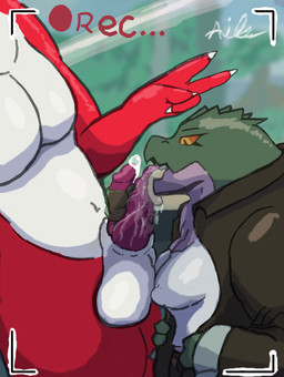 2_penises anthro bodily_fluids bubble cum cum_bubble duo erect_nipples erection fellatio female genital_fluids genitals gesture hand_gesture height_teasing licking male male/female multi_genitalia multi_penis nipple_outline nipples oral penile penis penis_lick sex size_difference tongue v_sign ails absurd_res hi_res