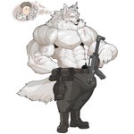 anthro barazoku big_bulge big_muscles big_pecs blush body_hair brown_hair bulge chest_hair chest_scar clothed clothing ear_piercing facial_scar family fur grey_body grey_fur group gun hair heart_symbol huge_muscles huge_pecs human_on_anthro interspecies male male/male military military_uniform muscular muscular_anthro muscular_male pecs piercing pubes ranged_weapon rifle romantic romantic_couple scar topless topless_male uniform weapon chan_kiti_chan canid canine canis human mammal wolf absurd_res hi_res father_(lore) father_and_child_(lore) father_and_son_(lore) parent_(lore) parent_and_child_(lore) parent_and_son_(lore) son_(lore)