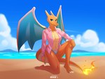 3_toes absurd_res anthro beach big_breasts blue_clothing blue_eyes blue_panties blue_underwear breasts charizard claws clothed clothing cloud day duderedblue feet female fire generation_1_pokemon hi_res jacket kneeling long_tail looking_at_viewer multicolored_body multicolored_scales navel nintendo open_clothing open_jacket open_topwear orange_body orange_scales outside panties pink_clothing pink_jacket pink_topwear pokemon pokemon_(species) sand scales sky smile solo summer tail tan_body tan_scales toes topwear two_tone_body two_tone_scales underwear water wings