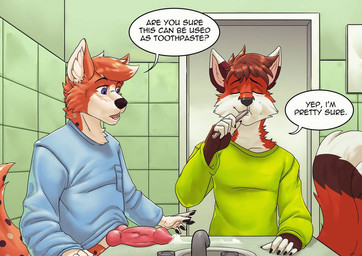 anthro bodily_fluids bottomless brown_hair brush brushing brushing_teeth clothed clothing cum cum_as_toothpaste dialogue duo erection eyes_closed genital_fluids genitals hair inside knot male male/male orange_hair penis purple_eyes text toothpaste lorenzobrezo cookie_(cookiefox) matthew_(oop1oop2) canid canine fox mammal digital_media_(artwork) english_text shaded