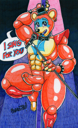 anthro balls blue_eyes bow_tie brown_body clothing dancing ear_piercing ear_ring electronics genitals hat headgear headwear humanoid_genitalia humanoid_penis looking_at_viewer machine male microphone multicolored_body muscular muscular_anthro muscular_male penis piercing pole pole_dancing ring_piercing solo text parasitedeath five_nights_at_freddy's five_nights_at_freddy's:_security_breach scottgames steel_wool_studios glamrock_freddy animatronic bear mammal robot hi_res traditional_media_(artwork)