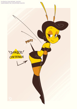 antennae_(anatomy) armwear back_wings bent_over black_bottomwear black_clothing black_crop_top black_eyebrows black_eyes black_gloves black_hair black_handwear black_legwear black_shirt black_skirt black_text black_thigh_highs black_topwear blush blush_stickers bottomwear breasts butt cleavage closed_smile clothed clothed_female clothed_humanoid clothing crop_top elbow_gloves eyebrows eyelashes female female_humanoid gloves hair half-closed_eyes handwear insect_wings label legwear logo looking_back medium_breasts miniskirt mouth_closed narrowed_eyes orange_text shirt short_hair side_view skirt smile smirk solo sound_effects standing stinger text thigh_highs topwear wings yellow_body roger_bacon bebe_(roger_bacon) animal_humanoid arthropod arthropod_humanoid bee_humanoid humanoid hymenopteran hymenopteran_humanoid insect insect_humanoid 2025 absurd_res artist_logo english_text handwritten_text hi_res url