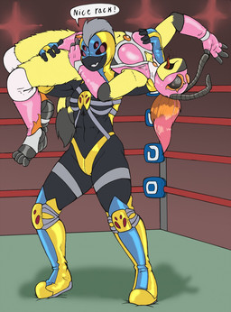 4_fingers antennae_(anatomy) anthro black_body boots breasts clothing compound_eyes dialogue duo female fighting_ring fingerless_gloves fingers footwear fur gloves grey_hair hair hand_on_breast handwear knee_pads leotard lifting_another lucha_libre_mask mask multi_eye open_mouth orange_hair shoes smile speech_bubble sports_mask sportswear text toeless_legwear torture_rack_(wrestling_move) wrestling wrestling_mask yellow_body yellow_fur dcheese sudo arachnid arthropod clearwing_moth hawk_moth insect lepidopteran moth spider 2019 digital_media_(artwork) english_text hi_res