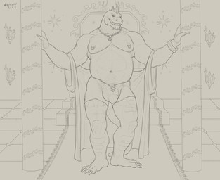 anthro belly big_belly claws clothed clothing finger_claws frill_(anatomy) frill_piercing frill_ring front_view furgonomic_piercing furgonomics genitals glans_outline grin head_crest head_frill looking_at_viewer male male_anthro multiple_piercings navel navel_piercing nipple_piercing nipples open_clothing open_topwear overweight overweight_anthro overweight_male penis penis_base piercing pubes ring_piercing smile solo standing toe_claws topwear aduran scalie 2023 absurd_res dated full-length_portrait hi_res monochrome portrait signature sketch
