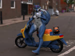 anthro armor beverage big_butt blue_body blue_fur breasts building butt container cup drinking_straw eyewear eyewear_on_head female fur genitals headgear helmet house inverted_nipples medium_breasts motor_scooter motor_vehicle nipples outside pubes public public_nudity pussy solo street sunglasses sunglasses_on_head bambookat illumination_entertainment sing_(movie) porsha_crystal canid canine canis mammal wolf 3d_(artwork) 4:3 animated digital_media_(artwork) hi_res huge_filesize no_sound short_playtime turntable_(animation) webm