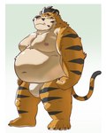2024 anthro asian_clothing belly big_belly black_nose clothing cute_fangs east_asian_clothing facial_hair felid fundoshi hi_res hon55728 japanese_clothing kemono male mammal moobs mustache navel nipples overweight overweight_male pantherine simple_background solo tiger underwear white_clothing white_fundoshi white_underwear