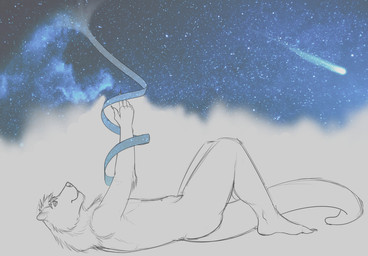anthro arm_tuft cheek_tuft cosmic_background elbow_tuft facial_tuft hair lying male male_anthro messy_hair mouth_closed narrowed_eyes neck_tuft nude on_back shooting_star short_hair side_view solo space space_background star tail tuft aduran mammal mustelid otter 2016 digital_media_(artwork) partially_colored