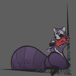 anthro drinking male mostly_nude purple_body red_scarf scarf scarf_only simple_background solo thick_thighs wide_hips badartvirtuoso indigo_park rambley_raccoon mammal procyonid raccoon 1:1 hi_res