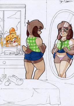 anal_beads anthro blush blush_lines bottomwear bulge butt buttplug clothed clothing clothing_lift crossdressing dildo female freckles fur heart_eyes heart_symbol looking_at_another looking_through looking_through_window male panties pink_clothing pink_panties pink_underwear plug_(sex_toy) sex_toy simple_background skirt skirt_lift smile solo underwear voyeur white_background yellow_body yellow_fur rotten_owl animal_crossing nintendo digby_(animal_crossing) isabelle_(animal_crossing) canid canine canis domestic_dog mammal shih_tzu toy_dog hi_res traditional_media_(artwork) brother_(lore) brother_and_sister_(lore) incestuous_voyeur_(lore) sibling_(lore) sister_(lore) twins_(lore)