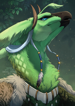 ambiguous_anthro ambiguous_gender anthro beak black_beak blue_eyes blue_sclera brown_horn clothed clothing ears_back green_body horn long_neck looking_at_viewer open_mouth pivoted_ears solo text santanahoffman mythology avian gryphon mythological_avian mythological_creature 2025 artist_name dated hi_res