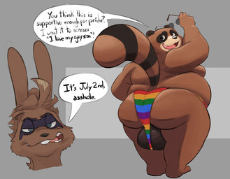 anthro backsack balls belly big_balls big_butt butt clothing duo eyewear genitals lgbt_pride male moobs overweight pride_color_clothing pride_colors sunglasses text thong underwear ricecakke canid canine lagomorph leporid mammal rabbit raccoon_dog tanuki english_text