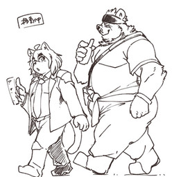 accessory alcohol anthro beverage blush bottle container drinking drunk duo headband male substance_intoxication text exe_exem lifewonders live_a_hero cat_operator goro_(live_a_hero) protagonist_(live_a_hero) bear domestic_cat felid feline felis mammal digital_drawing_(artwork) digital_media_(artwork) japanese_text sketch