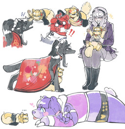 3_toes accessory ahoge alternate_species angry bangs belt black_body black_fur black_hairband black_nose blep blood blood_on_claws blood_on_face blue_eyes blush blush_lines bodily_fluids boots bottomwear cape clawing claws clothing cross-popping_vein ellipsis exclamation_point feet female feral finger_claws floppy_ears fluffy fluffy_tail folded_ears footwear fur furrification group hair hair_accessory hairpin headband heart_symbol holding_another hoodie legwear lying male pawpads paws pigtails pink_pawpads ponytail purple_body purple_clothing purple_fur purple_nose red_body red_fur scratching shoes simple_background skirt sparkles stockings swatting sweat sweatdrop tail tears toes tongue tongue_out topwear white_background white_hair white_hairband yellow_body yellow_fur novemblem the_hundred_line:_last_defense_academy kurara_oosuzuki kyoshika_magadori moko_mojiro nozomi_kirifuji takumi_sumino bear canid canine canis domestic_cat domestic_dog felid feline felis human mammal hi_res