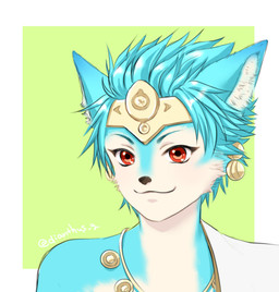 :3 anthro bangs bare_shoulders bell blue_body blue_fur clothed clothed_anthro clothed_male clothing ear_piercing eyebrows eyelashes facial_tuft fur glistening glistening_eyes glistening_hair hair headgear inner_ear_fluff jewelry looking_at_viewer male male_anthro multicolored_body multicolored_fur necklace piercing red_eyes simple_background smile smiling_at_viewer solo spiky_hair text tuft two_tone_body two_tone_fur white_body white_fur dianthus_g koei_tecmo warriors_(game_series) warriors_all-stars setsuna_(warriors) felid feline mammal 2022 artist_name bust_portrait colored digital_drawing_(artwork) digital_media_(artwork) portrait shaded signature