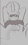 2023 5_fingers absurd_res anthro boomjack_(themercart) breasts digital_drawing_(artwork) digital_media_(artwork) domino_mask duo female fingering fingers first_person_view fur genitals grey_background hands_behind_head hi_res lagomorph leporid long_ears mammal mask monochrome mouth_closed narrowed_eyes pussy rabbit simple_background smile spread_legs spreading themercart vaginal vaginal_fingering