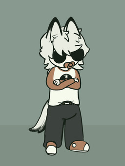 clothed clothing diaper diaper_under_clothing eyewear footwear hair male pacifier shoes sneakers solo sunglasses wearing_diaper white_hair fluff_pampz homestuck ms_paint_adventures dave_strider animal_humanoid canid canid_humanoid canine canine_humanoid humanoid mammal mammal_humanoid wolf_humanoid