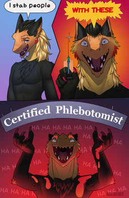anthro claws dialogue gradient_background humor laugh looking_at_viewer male medical_instrument medical_needle nude open_mouth open_smile scientific_instrument simple_background smile solo talking_to_viewer text milkshakefrappucino sergal comic english_text hi_res