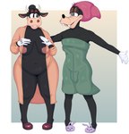 anthro areola bedroom_eyes big_breasts breasts bulge clothing duo female male narrowed_eyes navel nipples pose robe seductive smile thick_thighs towel towel_on_head boolishclara disney clarabelle_cow goofy_(disney) bovid bovine canid canine canis cattle domestic_dog mammal absurd_res hi_res