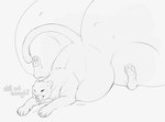 ambiguous_gender belly big_belly big_butt bodily_fluids butt drooling feral huge_butt hyper hyper_butt licking licking_lips licking_own_lips lying on_front open_mouth pawpads saliva simple_background solo tail text tongue tongue_out vore roobin felid mammal artist_name english_text hi_res monochrome