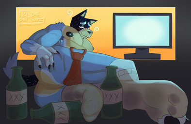anthro bottle butt butt_focus butt_grab clothing container drunk feet foot_fetish foot_play footwear hand_on_butt looking_at_viewer male male/male overweight socks solo substance_intoxication kadedrawz bluey_(series) bandit_heeler australian_cattle_dog canid canine canis cattledog domestic_dog herding_dog mammal pastoral_dog hi_res