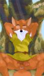 anthro anus armpit_hair balls body_hair bottomless clothed clothing flaccid foreskin genitals humanoid_genitalia humanoid_penis male outside penis plant public raised_arm shirt sleeping solo tail tail_anus topwear tree tunic tenderule34 disney robin_hood_(disney) robin_hood canid canine fox mammal red_fox true_fox hi_res