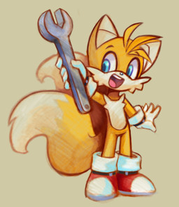 clothing footwear gloves handwear male open_mouth shoes simple_background smile solo standing tail tan_background tools wrench young young_male shadowhawx95 sega sonic_the_hedgehog_(series) miles_prower canid canine fox mammal