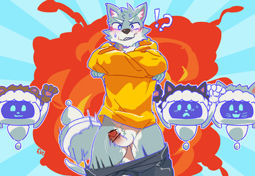 anthro assisted_exposure blush blush_lines bottomwear bottomwear_pull bouncing_penis clothing clothing_pull explosion fake_cat_ears fake_ears fur genitals grey_body grey_fur hoodie interrobang machine male pants pantsing penis topwear yellow_clothing yellow_hoodie yellow_topwear bk-mita chogakusei canid canine canis mammal robot wolf censored