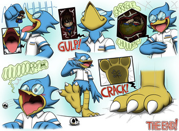 anthro anthro_pred avian_feet beak blue_body blue_feathers blush bodily_fluids bone bottomless burping burping_up_bones burping_up_object clothed clothing digestion duo eating esophagus extreme_size_difference eyewear fatal_vore feather_hands feathers feet foot_crush glasses grin inside_stomach internal macro_pred male male_human male_pred male_prey micro micro_prey mouth_shot no_uvula null onomatopoeia open_beak open_mouth oral_vore rumbling_stomach size_difference skull smile smug sound_effects standing stomach_acid stomping swallowed_alive swallowing talons text toes tongue toony unwilling_prey vore willing_pred sharkdiariesda deltarune undertale_(series) berdly avian bird human mammal digital_media_(artwork) hi_res sequence