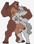 5_fingers anthro balls biceps big_balls big_muscles big_penis brown_body brown_eyes brown_fur claws duo erection fangs fingers fluffy fluffy_tail foreskin fur genitals grey_body grey_fur happy hug huge_muscles huge_penis humanoid_genitalia humanoid_penis looking_at_viewer male male/male musclegut muscular muscular_anthro muscular_male nipples nude open_mouth pecs penis photo short_tail simple_background size_difference smile tail teeth text tongue yellow_eyes xyandrith bear brown_bear canid canine canis grizzly_bear mammal ursine wolf absurd_res hi_res