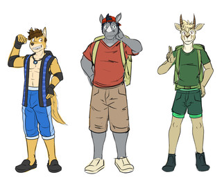 anthro backpack backwards_cap bottomwear clothing fingerless_gloves footwear gloves group handwear horn jewelry looking_at_viewer male necklace shirt shoes shorts simple_background smile smiling_at_viewer standing tail topwear trio wearing_backpack fuze you_make_my_heart_rumble kameron_(fuze) lou_(fuze) ryley_(fuze) antelope bovid canid canine canis mammal rhinoceros wolf 5:4 hi_res