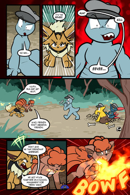 6_panel_comic ambiguous_gender anthro biped black_cape black_clothing black_eyes black_nose black_text blue_body bone breath_powers brown_eyes brown_hair cape chest_gem claws clenched_teeth clothing day dialogue elemental_manipulation ellipsis exclamation_point eyebrows eyelashes eyes_closed feral fire fire_breathing fire_manipulation fluffy fluffy_tail forehead_gem forest fur gem group hair hat headgear headwear motion_lines mouth_closed multi_tail neck_tuft open_mouth outside page_number pawpads paws plant pupils quadruped sharp_teeth shrub skull sound_effects speech_bubble tail talking_to_another teeth text toony tree tuft white_pupils white_sclera white_text yellow_body yellow_gem virmir nintendo pokemon pokemon_mystery_dungeon spike_chunsoft virmir_(character) drowzee eevee generation_1_pokemon generation_2_pokemon humanoid machop pokemon_(species) sneasel vulpix 2025 2:3 absurd_res comic english_text hi_res