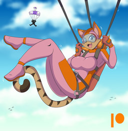 anthro armor breasts clothed clothing cloud duo eyewear fangs female goggles headgear helmet open_mouth parachute sky skydiving smile solo_focus teeth mastergodai anon savvie_cat avian bird domestic_cat felid feline felis mammal hi_res