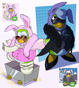 accessory anthro black_clothing black_jacket black_necktie black_topwear clothing crossed_arms eyewear female footwear fur green_body green_fur hat headgear headwear jacket minecart necktie pink_clothing pink_jacket pink_topwear rabbit_ears reference_inset scarf shoes solo sunglasses topwear white_clothing white_footwear white_hat white_headwear white_scarf white_shoes lemoocado club_penguin avian bird penguin puffle hi_res