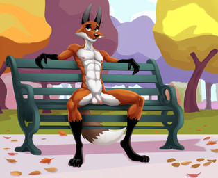 aged_up anthro balls bench casual_nudity flaccid foreskin fur genitals glans gloves_(marking) half-closed_eyes humanoid_genitalia humanoid_penis leaf leaves_on_ground leg_markings male markings muscular narrowed_eyes navel nipples nude nude_anthro nude_male orange_body partially_retracted_foreskin penis plant public public_nudity relaxing smile socks_(marking) solo spread_legs spreading tail tree white_body white_fur dal101strefan 101_dalmatian_street 101_dalmatians disney fergus_(101_dalmatians) canid canine fox mammal hi_res