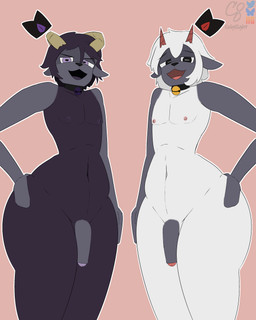 anthro bell bell_collar black_body collar crown duo genitals headgear horn looking_at_viewer male male/male nude open_mouth penis pose simple_background white_body colgeight cult_of_the_lamb massive_monster_(studio) goat_(cult_of_the_lamb) lamb_(cult_of_the_lamb) red_crown_(cult_of_the_lamb) bovid caprine goat mammal sheep 4:5 digital_media_(artwork) hi_res pinup