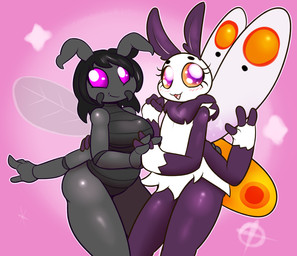 3_fingers 4_arms 4_fingers antennae_(anatomy) anthro big_breasts black_body black_exoskeleton breasts duo exoskeleton fangs featureless_breasts female fingers fur hand_holding insect_wings interlocked_fingers looking_at_viewer mandibles multi_arm multi_limb non-mammal_breasts nude open_mouth orange_body orange_eyes pink_background pink_eyes purple_body purple_eyes purple_fur raised_arm simple_background smile sparkles sparkling_eyes teeth white_body white_fur wings felino dust_(@kawaiimothra) shelly_redgrove arthropod insect lepidopteran moth absurd_res hi_res