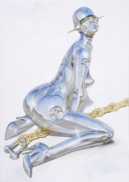 antenna_wire breasts butt chain clothing female footwear glistening glistening_body gold_nipples high_heels looking_at_viewer machine metal_chain metallic_body nipples not_furry shoes simple_background sitting solo text text_on_body white_background hajime_sorayama sexy_robot_(hajime_sorayama) humanoid robot robot_humanoid 2017 absurd_res english_text hi_res traditional_media_(artwork)
